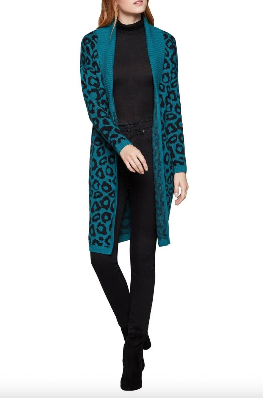 BCBGeneration Women's Leopard Open Front Knit Duster Cardigan Size L Maximalist